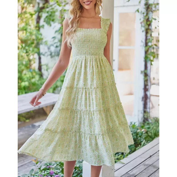 BTFBM Womens Summer Boho Smocked Beach Dresses Sleeveless Shoulder Strap Floral Flowy Tiered Party Midi Casual SundressPrint Grass Green
