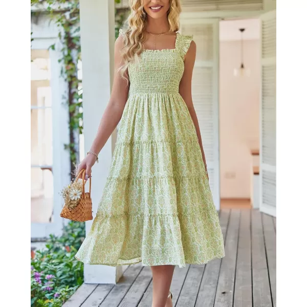 BTFBM Womens Summer Boho Smocked Beach Dresses Sleeveless Shoulder Strap Floral Flowy Tiered Party Midi Casual SundressPrint Grass Green