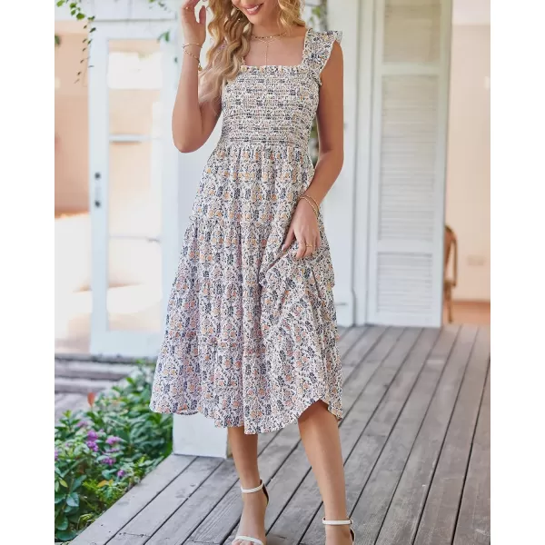 BTFBM Womens Summer Boho Smocked Beach Dresses Sleeveless Shoulder Strap Floral Flowy Tiered Party Midi Casual SundressPrint Purple