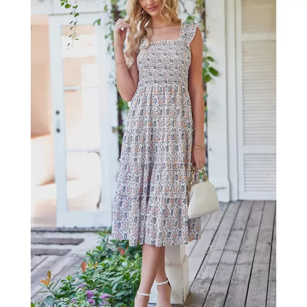 BTFBM Womens Summer Boho Smocked Beach Dresses Sleeveless Shoulder Strap Floral Flowy Tiered Party Midi Casual SundressPrint Purple