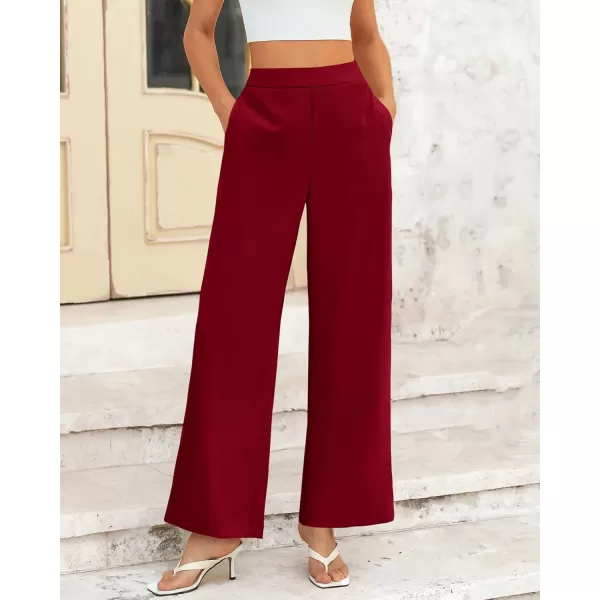 BTFBM Womens Wide Leg Pants Dressy Casual Elastic High Waisted Palazzo Business Lounge Trousers with PocketsSolid Wine Red