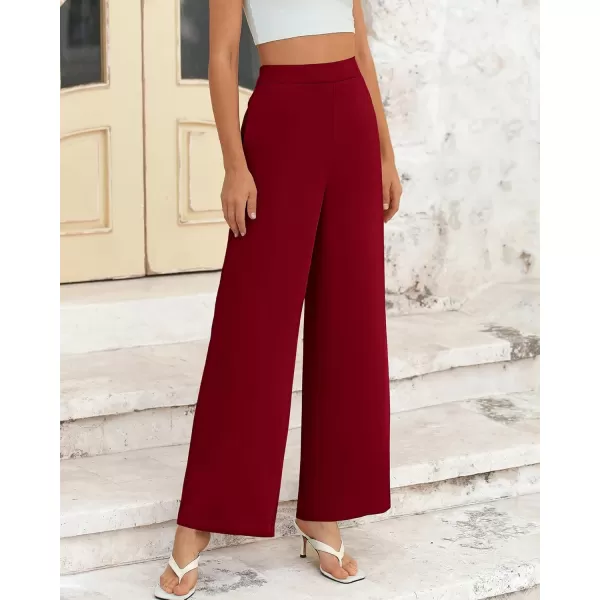 BTFBM Womens Wide Leg Pants Dressy Casual Elastic High Waisted Palazzo Business Lounge Trousers with PocketsSolid Wine Red