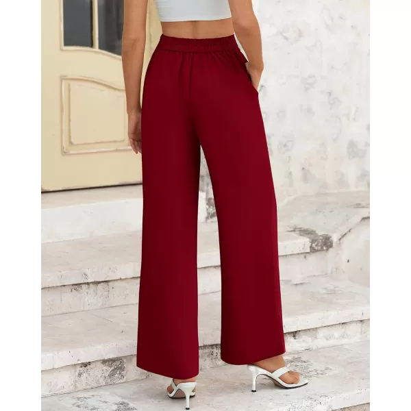 BTFBM Womens Wide Leg Pants Dressy Casual Elastic High Waisted Palazzo Business Lounge Trousers with PocketsSolid Wine Red