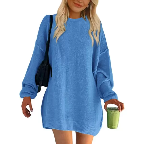 BTFBM 2024 Womens Sweaters Casual Crewneck Long Sleeve Oversized Sweater Dress Fall Winter Loose Slouchy Soft PulloverSolid Blue