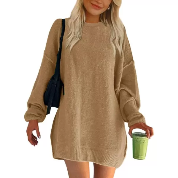 BTFBM 2024 Womens Sweaters Casual Crewneck Long Sleeve Oversized Sweater Dress Fall Winter Loose Slouchy Soft PulloverSolid Khaki