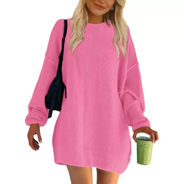 BTFBM 2024 Womens Sweaters Casual Crewneck Long Sleeve Oversized Sweater Dress Fall Winter Loose Slouchy Soft PulloverSolid Rose Pink