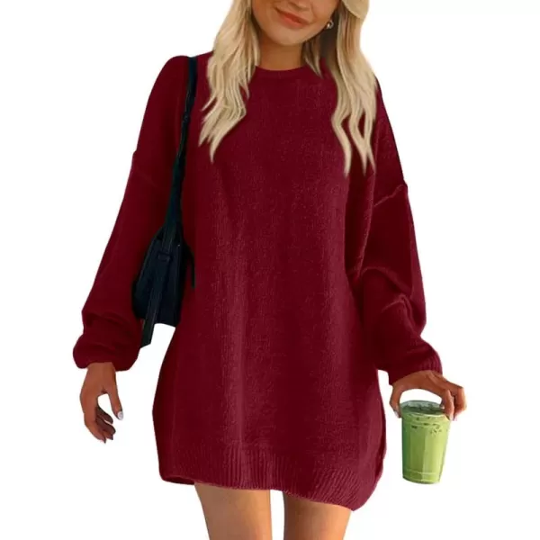 BTFBM 2024 Womens Sweaters Casual Crewneck Long Sleeve Oversized Sweater Dress Fall Winter Loose Slouchy Soft PulloverSolid Wine Red