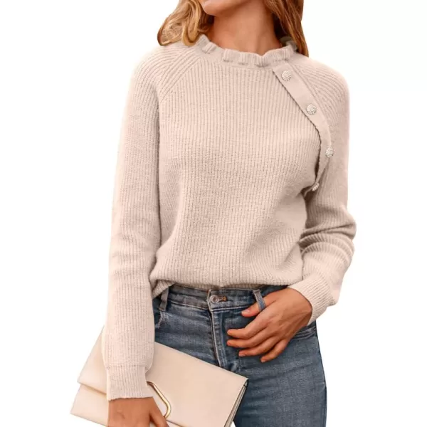 BTFBM 2024 Womens Sweaters Fall Winter Outfits Long Sleeve Button Down Ruffle Crew Neck Casual Knitted Pullover TopsOblique Apricot