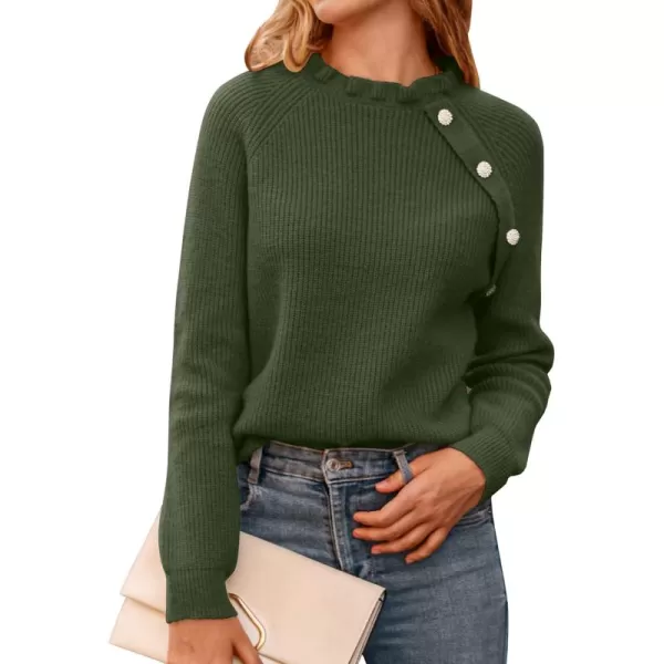 BTFBM 2024 Womens Sweaters Fall Winter Outfits Long Sleeve Button Down Ruffle Crew Neck Casual Knitted Pullover TopsOblique Army Green