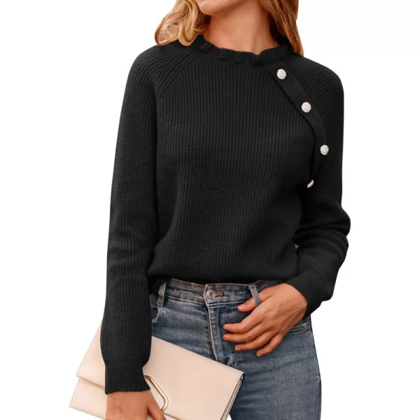 BTFBM 2024 Womens Sweaters Fall Winter Outfits Long Sleeve Button Down Ruffle Crew Neck Casual Knitted Pullover TopsOblique Black