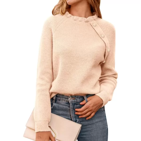 BTFBM 2024 Womens Sweaters Fall Winter Outfits Long Sleeve Button Down Ruffle Crew Neck Casual Knitted Pullover TopsOblique Khaki