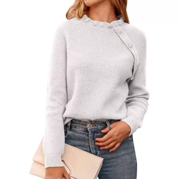 BTFBM 2024 Womens Sweaters Fall Winter Outfits Long Sleeve Button Down Ruffle Crew Neck Casual Knitted Pullover TopsOblique White