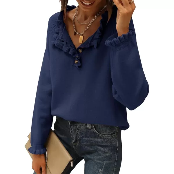BTFBM 2024 Womens Sweaters Fall Winter Outfits Long Sleeve Button Down Ruffle Crew Neck Casual Knitted Pullover TopsSolid Bright Blue