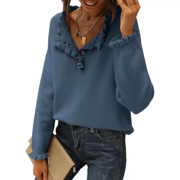 BTFBM 2024 Womens Sweaters Fall Winter Outfits Long Sleeve Button Down Ruffle Crew Neck Casual Knitted Pullover TopsSolid Dark Blue