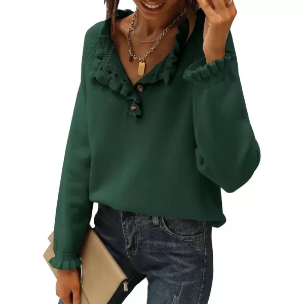 BTFBM 2024 Womens Sweaters Fall Winter Outfits Long Sleeve Button Down Ruffle Crew Neck Casual Knitted Pullover TopsSolid Dark Green