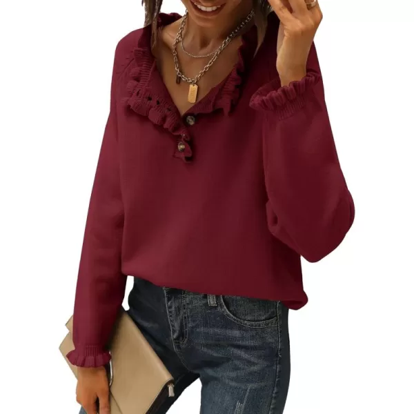 BTFBM 2024 Womens Sweaters Fall Winter Outfits Long Sleeve Button Down Ruffle Crew Neck Casual Knitted Pullover TopsSolid Jujube Red