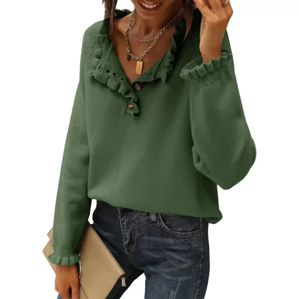 BTFBM 2024 Womens Sweaters Fall Winter Outfits Long Sleeve Button Down Ruffle Crew Neck Casual Knitted Pullover TopsSolid Olive Green