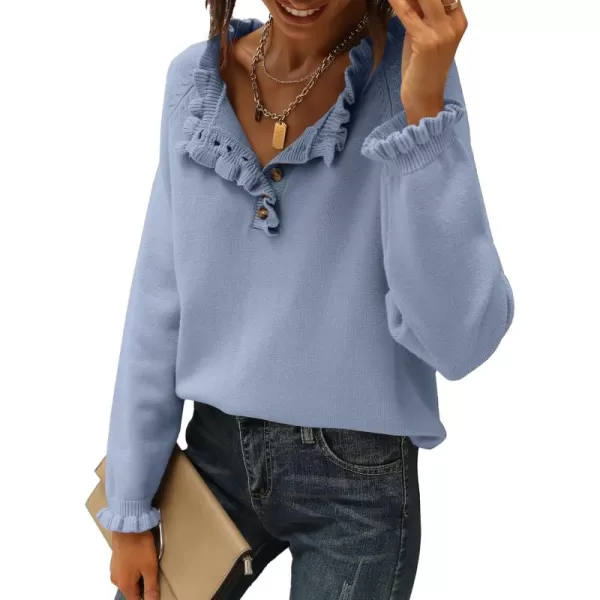 BTFBM 2024 Womens Sweaters Fall Winter Outfits Long Sleeve Button Down Ruffle Crew Neck Casual Knitted Pullover TopsSolid Sky Blue
