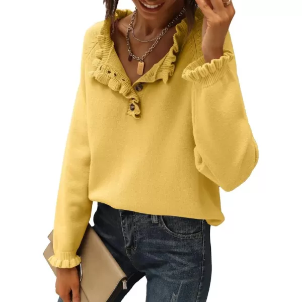 BTFBM 2024 Womens Sweaters Fall Winter Outfits Long Sleeve Button Down Ruffle Crew Neck Casual Knitted Pullover TopsSolid Yellow