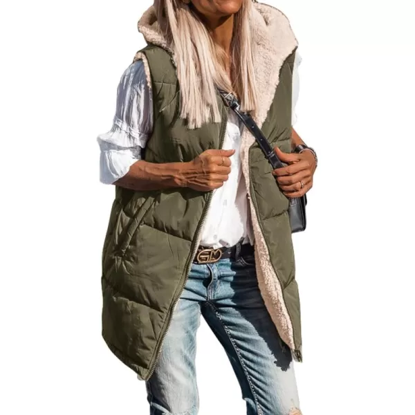 BTFBM Fall Long Puffer Vest Women Sleeveless Hooded Reversible Fleece Sherpa Jacket Zip Up Winter Coat Outerwear VestsSolid Army Green