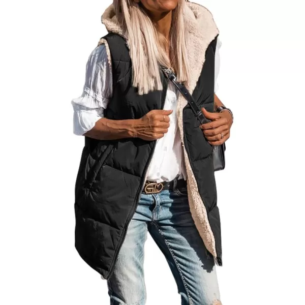 BTFBM Fall Long Puffer Vest Women Sleeveless Hooded Reversible Fleece Sherpa Jacket Zip Up Winter Coat Outerwear VestsSolid Black