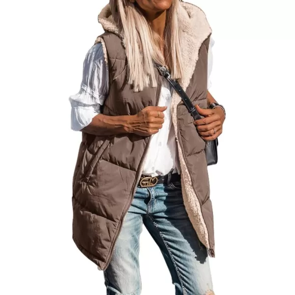 BTFBM Fall Long Puffer Vest Women Sleeveless Hooded Reversible Fleece Sherpa Jacket Zip Up Winter Coat Outerwear VestsSolid Coffee
