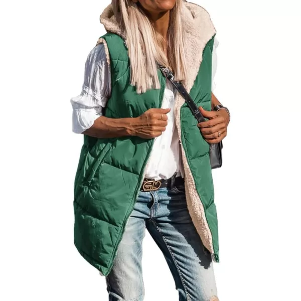 BTFBM Fall Long Puffer Vest Women Sleeveless Hooded Reversible Fleece Sherpa Jacket Zip Up Winter Coat Outerwear VestsSolid Dark Green