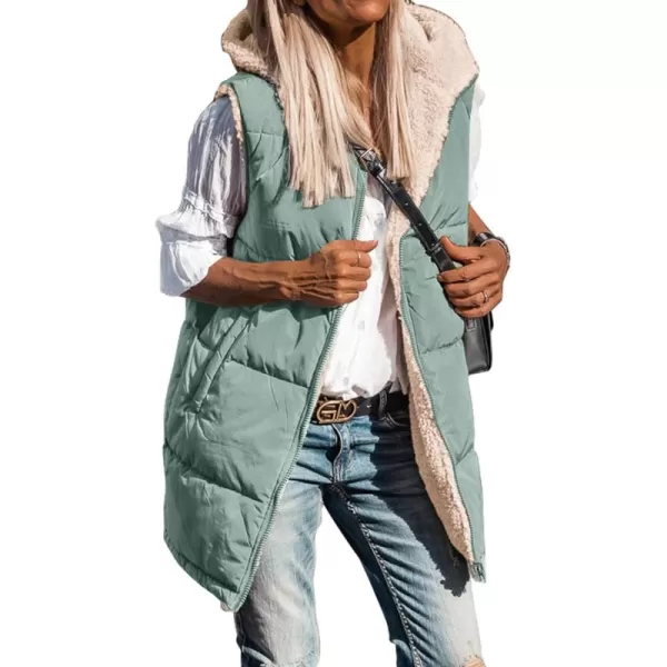 BTFBM Fall Long Puffer Vest Women Sleeveless Hooded Reversible Fleece Sherpa Jacket Zip Up Winter Coat Outerwear VestsSolid Grey Green