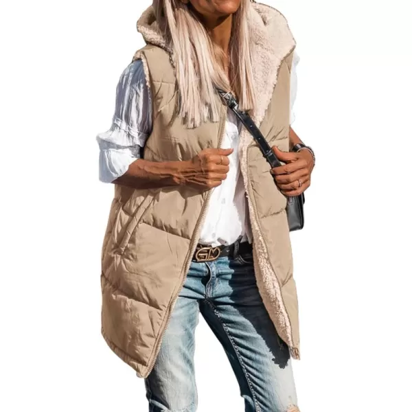 BTFBM Fall Long Puffer Vest Women Sleeveless Hooded Reversible Fleece Sherpa Jacket Zip Up Winter Coat Outerwear VestsSolid Light Camel