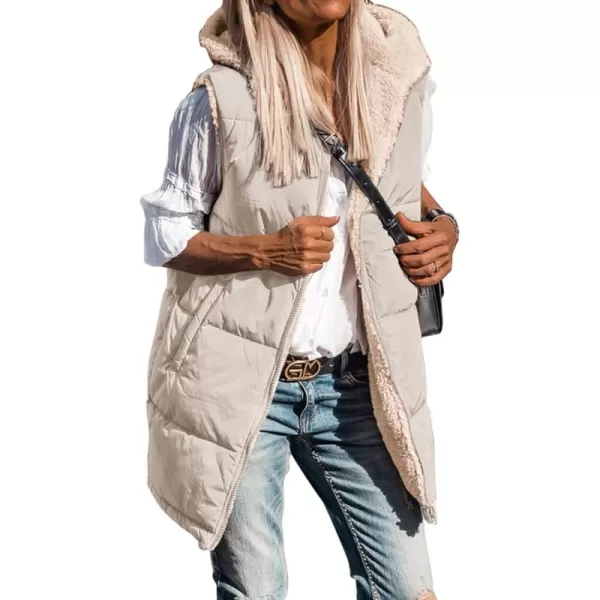 BTFBM Fall Long Puffer Vest Women Sleeveless Hooded Reversible Fleece Sherpa Jacket Zip Up Winter Coat Outerwear VestsSolid Light Khaki