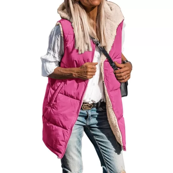 BTFBM Fall Long Puffer Vest Women Sleeveless Hooded Reversible Fleece Sherpa Jacket Zip Up Winter Coat Outerwear VestsSolid Rose Red