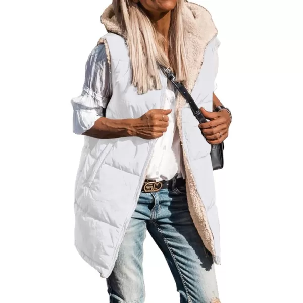 BTFBM Fall Long Puffer Vest Women Sleeveless Hooded Reversible Fleece Sherpa Jacket Zip Up Winter Coat Outerwear VestsSolid White