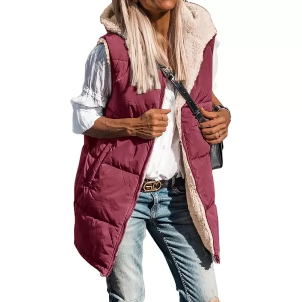 BTFBM Fall Long Puffer Vest Women Sleeveless Hooded Reversible Fleece Sherpa Jacket Zip Up Winter Coat Outerwear VestsSolid Wine Red