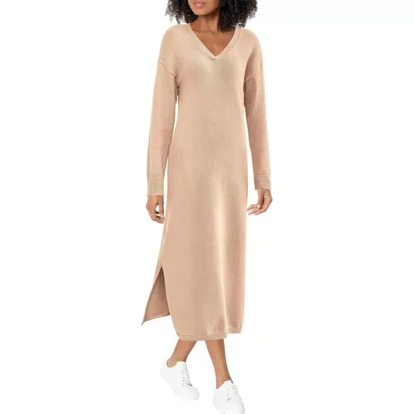 BTFBM Women Fall Sweater Dress V Neck Long Sleeve Slit Maxi Dresses Casual Knit Oversized Sweaters 2024 Winter ClothesSolid Beige
