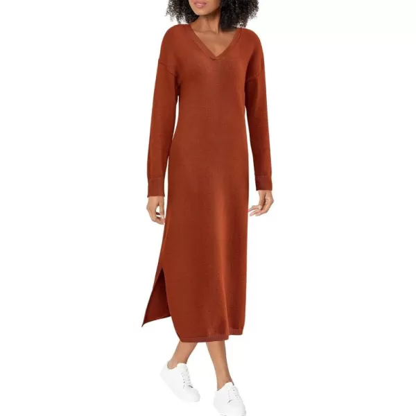 BTFBM Women Fall Sweater Dress V Neck Long Sleeve Slit Maxi Dresses Casual Knit Oversized Sweaters 2024 Winter ClothesSolid Caramel