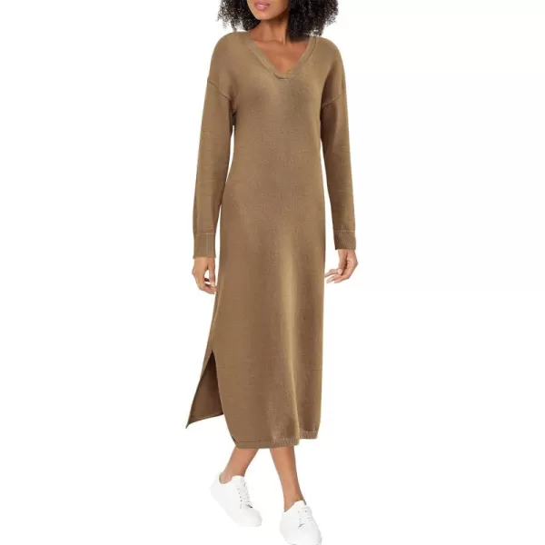 BTFBM Women Fall Sweater Dress V Neck Long Sleeve Slit Maxi Dresses Casual Knit Oversized Sweaters 2024 Winter ClothesSolid Dark Khaki