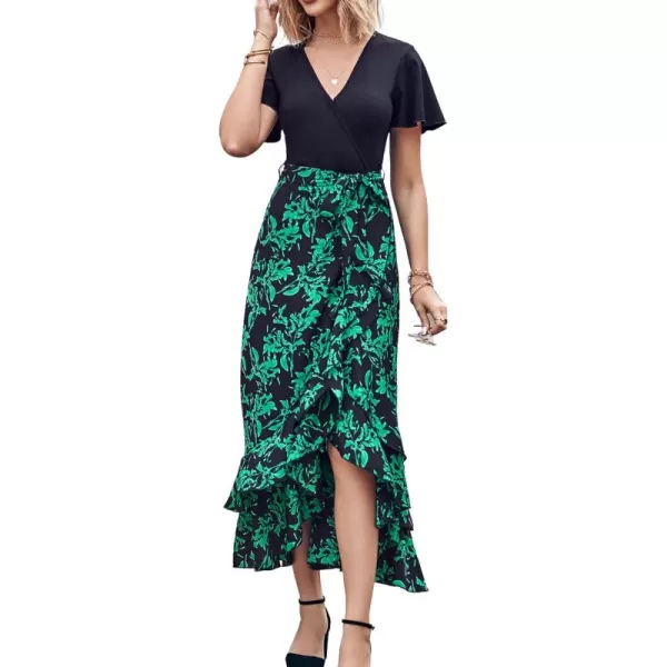 BTFBM Women Maxi Summer Dresses 2024 Short Sleeve V Neck Boho Floral Print Belted High Low Ruffle Cocktail Party DressBig Floral Black Green