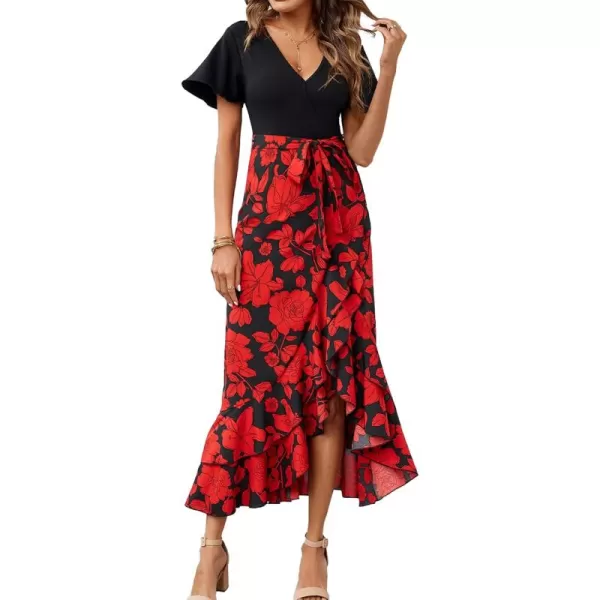 BTFBM Women Maxi Summer Dresses 2024 Short Sleeve V Neck Boho Floral Print Belted High Low Ruffle Cocktail Party DressBig Floral Black Red