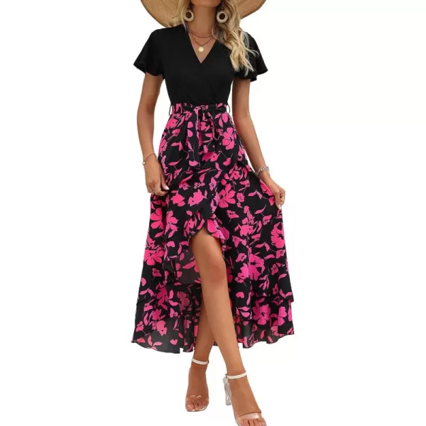 BTFBM Women Maxi Summer Dresses 2024 Short Sleeve V Neck Boho Floral Print Belted High Low Ruffle Cocktail Party DressBig Floral Black Rose Red