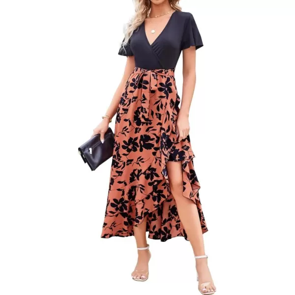 BTFBM Women Maxi Summer Dresses 2024 Short Sleeve V Neck Boho Floral Print Belted High Low Ruffle Cocktail Party DressBig Floral Brown