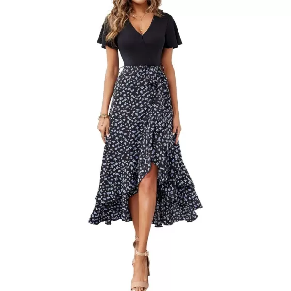 BTFBM Women Maxi Summer Dresses 2024 Short Sleeve V Neck Boho Floral Print Belted High Low Ruffle Cocktail Party DressFloral Black Blue