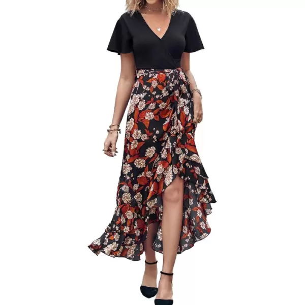 BTFBM Women Maxi Summer Dresses 2024 Short Sleeve V Neck Boho Floral Print Belted High Low Ruffle Cocktail Party DressFloral Black Brown