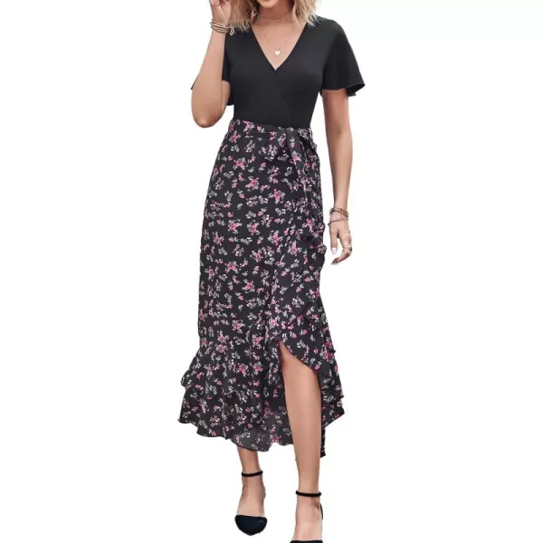 BTFBM Women Maxi Summer Dresses 2024 Short Sleeve V Neck Boho Floral Print Belted High Low Ruffle Cocktail Party DressFloral Black Red