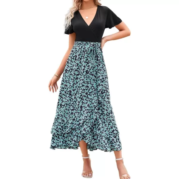 BTFBM Women Maxi Summer Dresses 2024 Short Sleeve V Neck Boho Floral Print Belted High Low Ruffle Cocktail Party DressFloral Blue Green