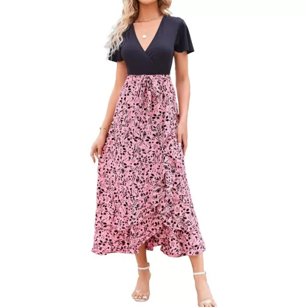 BTFBM Women Maxi Summer Dresses 2024 Short Sleeve V Neck Boho Floral Print Belted High Low Ruffle Cocktail Party DressFloral Pink Black