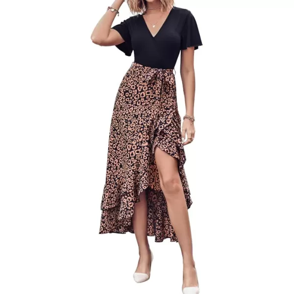 BTFBM Women Maxi Summer Dresses 2024 Short Sleeve V Neck Boho Floral Print Belted High Low Ruffle Cocktail Party DressLeopard Black Brown