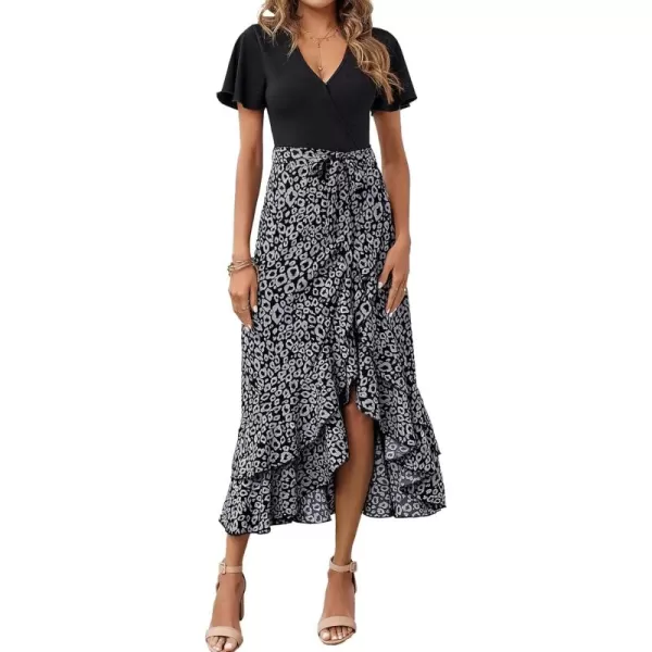 BTFBM Women Maxi Summer Dresses 2024 Short Sleeve V Neck Boho Floral Print Belted High Low Ruffle Cocktail Party DressLeopard Black Grey