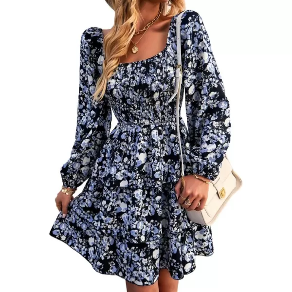 BTFBM Women Square Neck Smocked Dresses 2024 Summer Fall Long Sleeve Floral Swiss Dot Ruffle Party Mini Boho DressFloral Black White