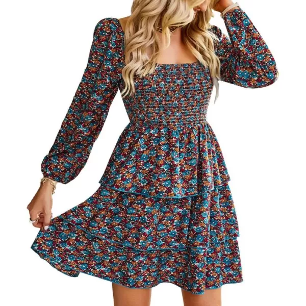 BTFBM Women Square Neck Smocked Dresses 2024 Summer Fall Long Sleeve Floral Swiss Dot Ruffle Party Mini Boho DressFloral Blue Orange