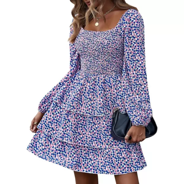 BTFBM Women Square Neck Smocked Dresses 2024 Summer Fall Long Sleeve Floral Swiss Dot Ruffle Party Mini Boho DressFloral Blue Pink